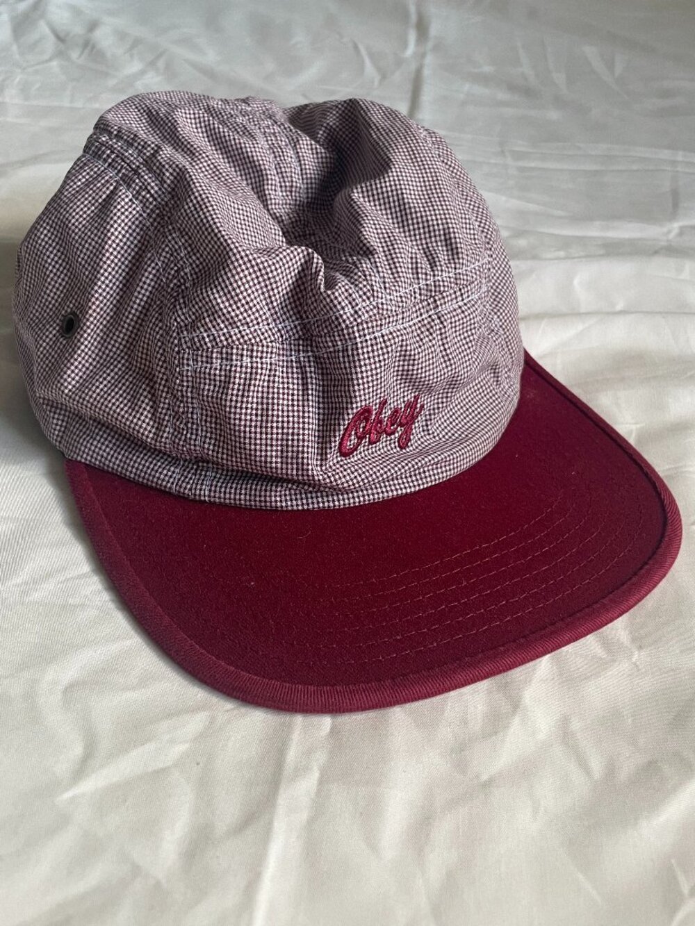 Obey 5-Panel Camp Cap Burgundy Gingham Check Strapback Hat